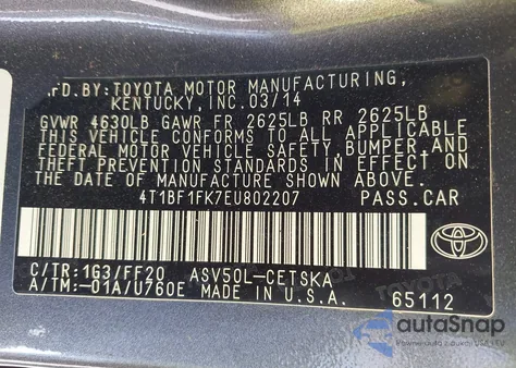 2014 Toyota Camry Se from USA, damaged, VIN 4T1BF1FK7EU802207